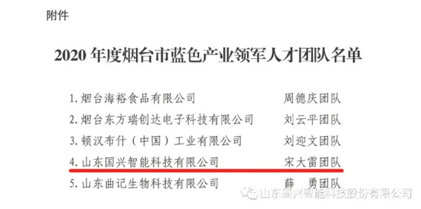 熱烈祝賀國興智能入圍“2020年度煙臺市藍色產業(yè)領軍人才團隊”